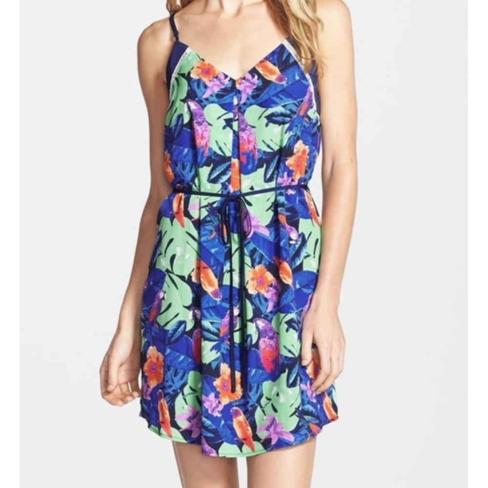 Adelyn Rae Tropical Parrot‎ Floral Mini Dress Blue Women's Small